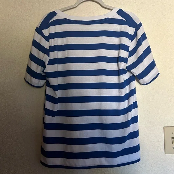 Ganni Blue and White Striped Logo Tee Shirt V Neck Size Medium - Picture 3 of 7